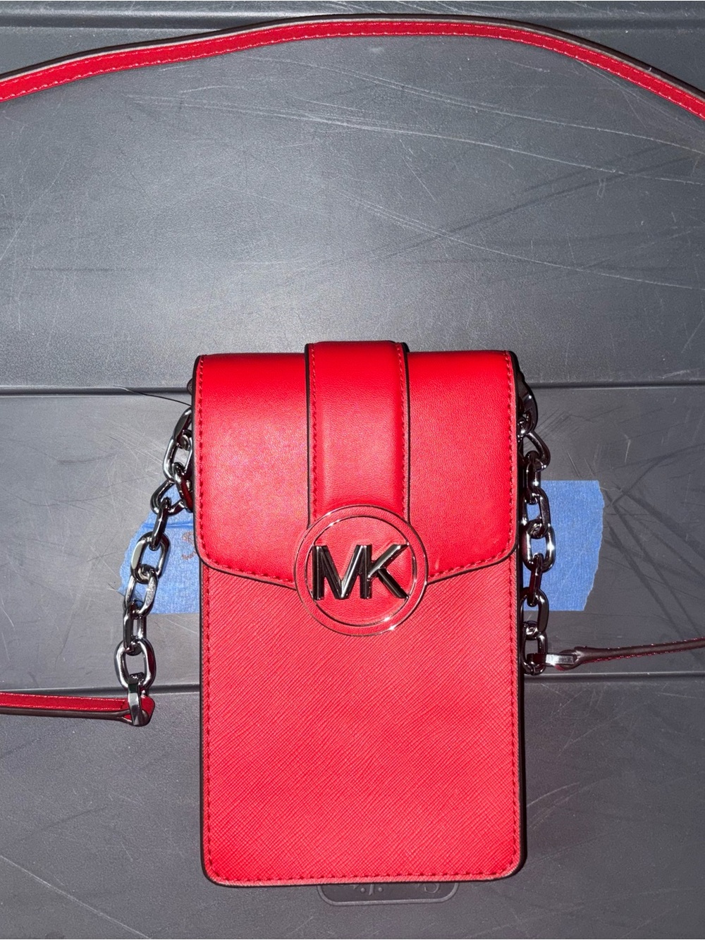 Michael Kors Red Leather Crossbody Phone Pouch with Chain Accent
